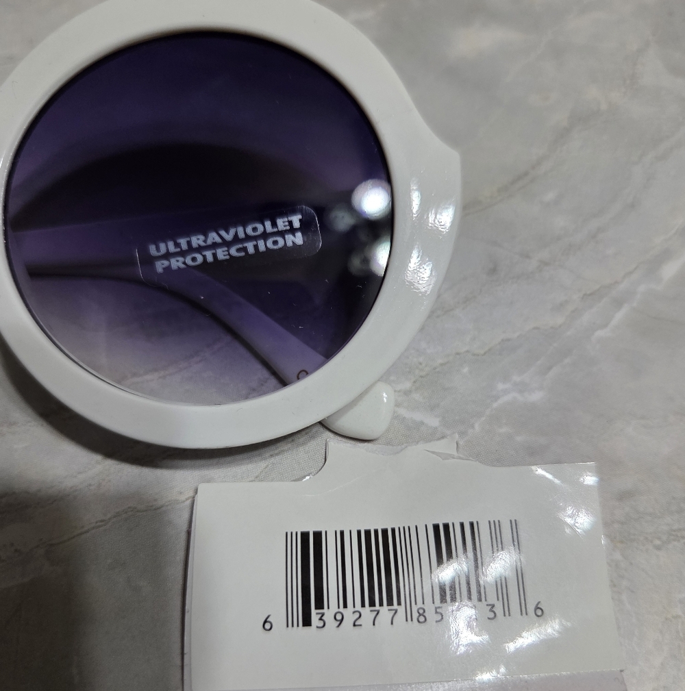 White Frame Round Sunglasses with Purple Lenses - Picture 2 of 2